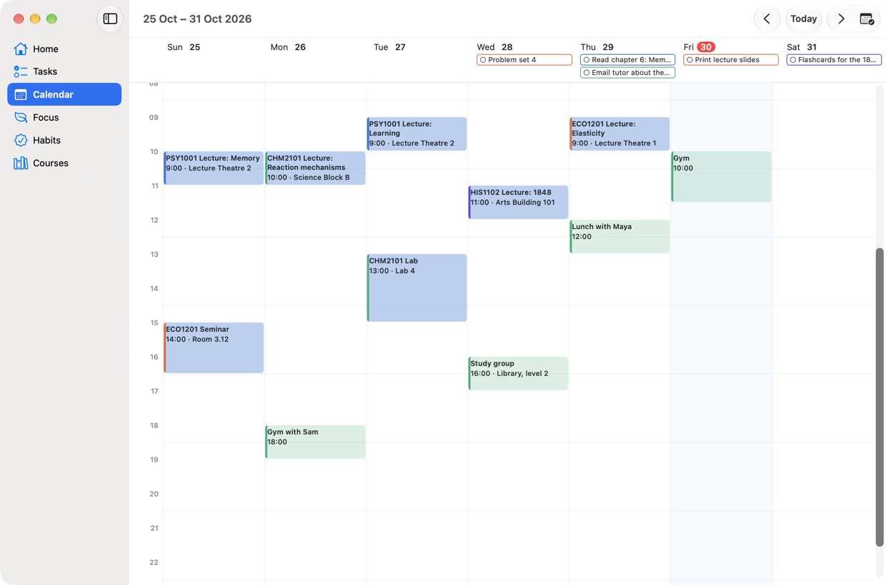 The Calendar page: a week of lectures, labs and personal events, with tasks due shown above each day.