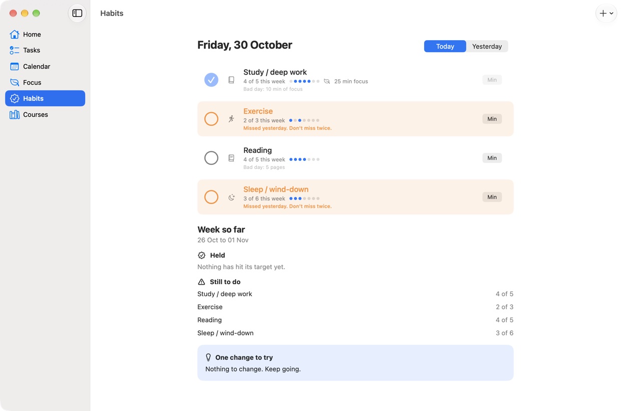 The Habits page: study, exercise, reading and sleep with weekly progress dots and a suggestion for the week.