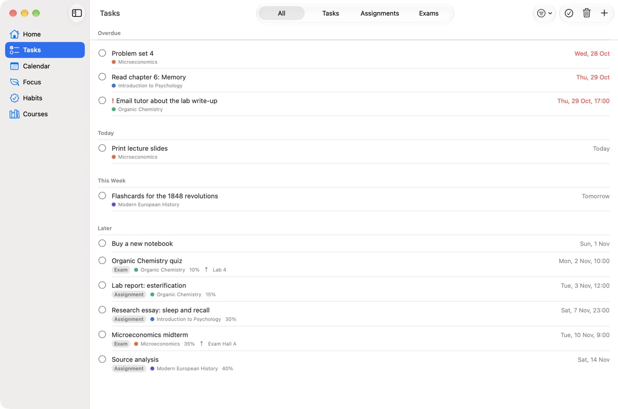 The Tasks page: overdue, today, this week and later, with assignments and exams marked by course, weight and room.